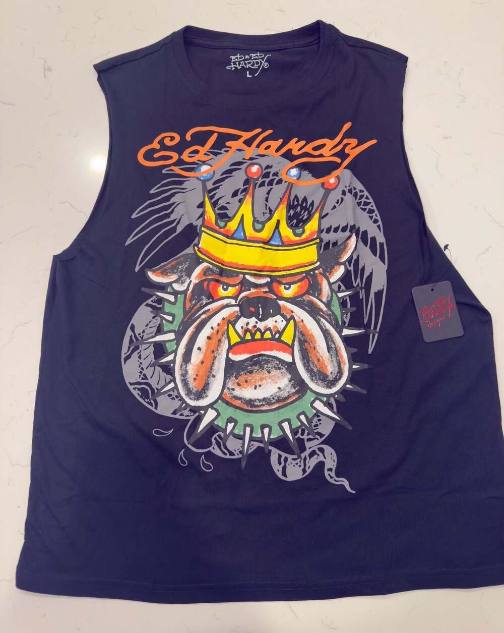 Ed Hardy Bulldog Crown Spiked Collar Graphic Tank Top Size L New